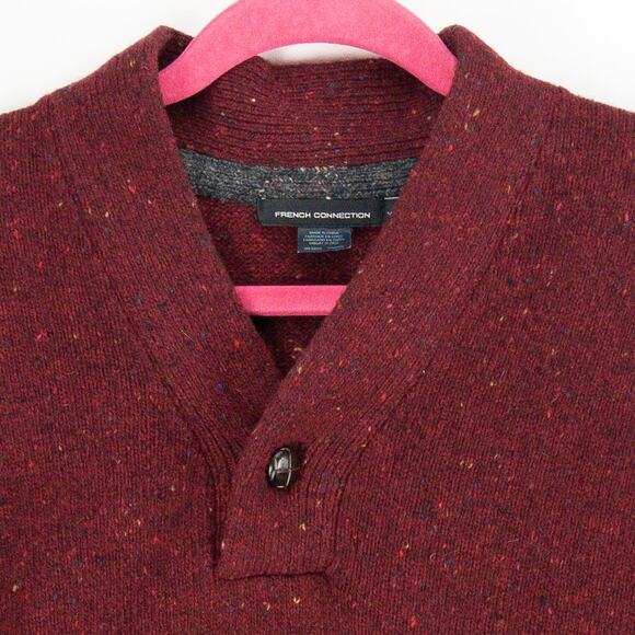 Wool V-Neck Sweater Men's XL Maroon Fleck Donegal Leather Trim French Connection - Picture 2 of 9
